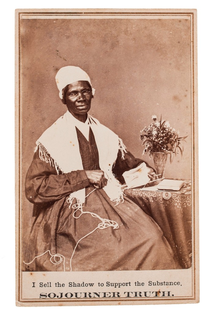 This uncredited carte de visite (CDV) of an American abolitionist and women’s rights activist Sojourner Truth from 1864 was the top lot in the sale, selling for $13,750, an auction record price, to a private collector. She appears seated at a table with flowers, engaged in a knitting project.